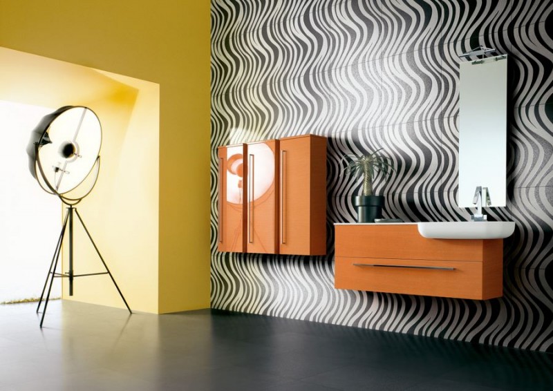 carrelage-salle-bains-motif-ondulé-noir-blanc-mobilier-orange carrelage pour salle de bains