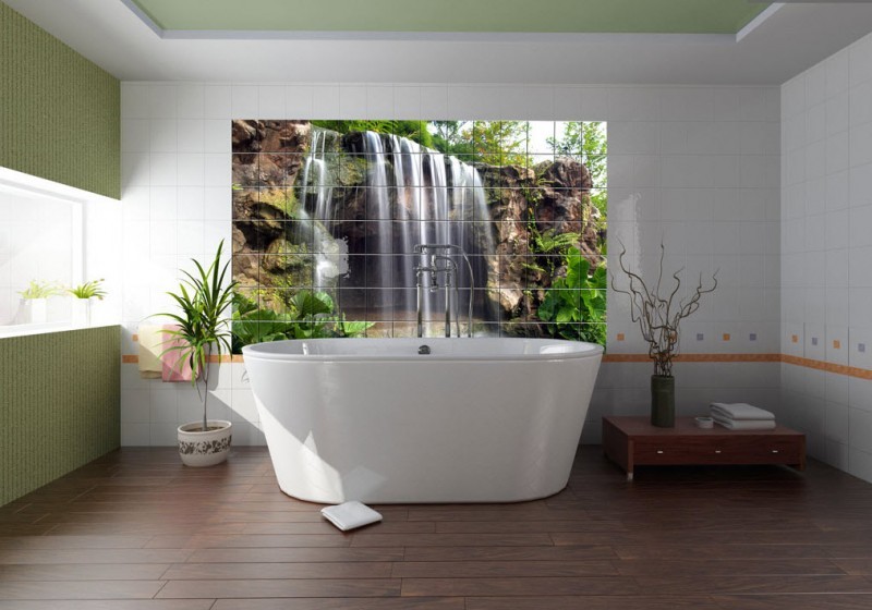 carrelage-salle-bains-photomosaique-cascade-baignoire-blanche carrelage pour salle de bains