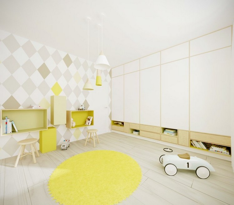 chambre-enfant blanche jaune pastel déco-murale papier peint motifs