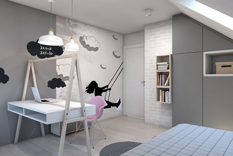 chambre enfant grise blanche fauteuil design Eames stickers