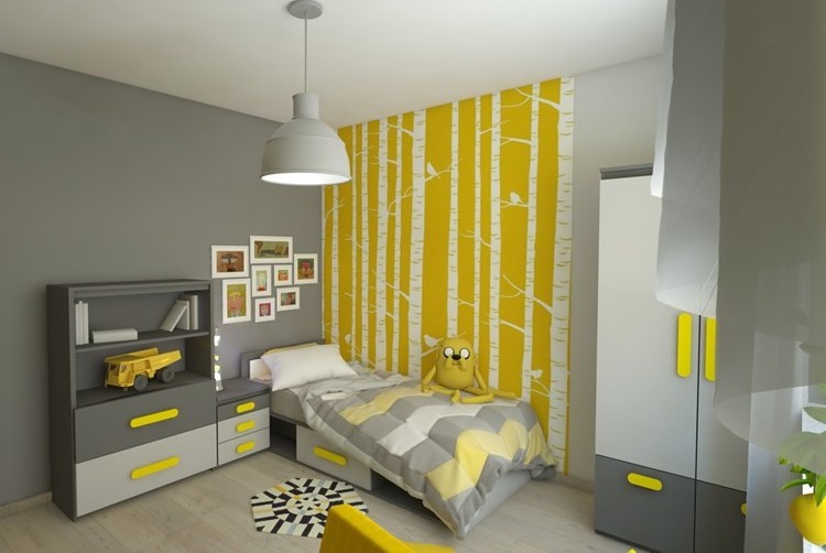 chambre enfant grise jaune déco murale-bouleaux fond jaune