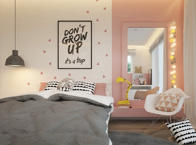 chambre fille rose pastel fauteuil design drôle déco murale