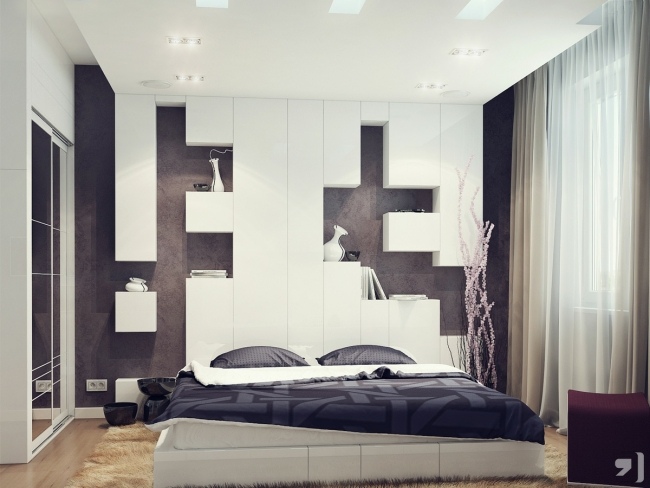 deco-murale-chambre-tête-lit-rangement-blanche-tapis-shaggy design mural