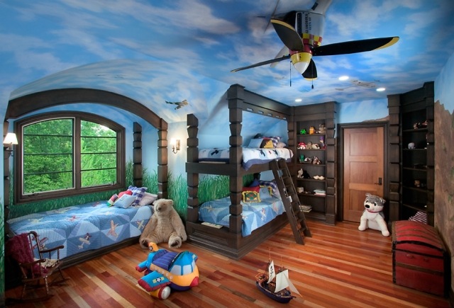 deco-plafond-chambre-enfant-nuage-lit-coussins-parquet-flottant-ventilateur
