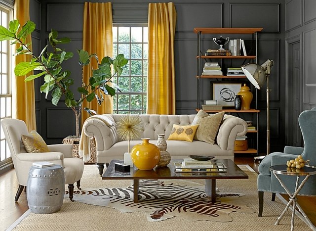 deco-salon-gris-jaune-table-basse-rectangulaire-canape-fauteuil-etageres-rangement