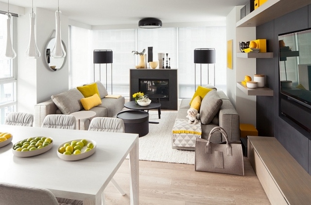 deco-salon-gris-jaune-table-mnager-chaises-canape-coussins-tapis