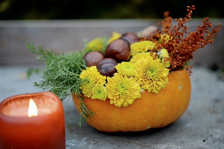decoration-citrouille-automne-arrangement-chrysanthèmes-châtaignes-baies décoration citrouille