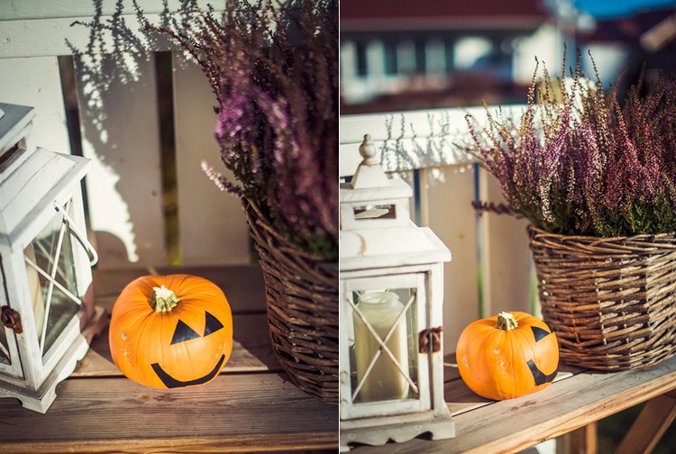 decoration-citrouille-automne-arrangement-extérieur-corbeille-osier-fleurs-citrouille-yeux-bouche-dessinés
