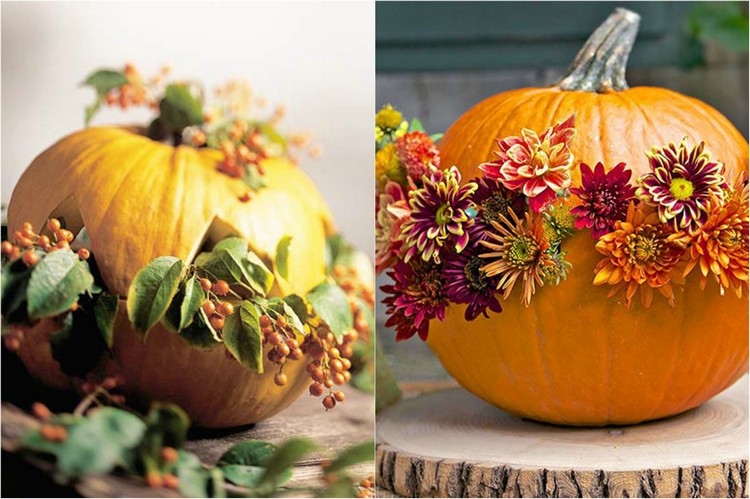 decoration-citrouille-automne-arrangements-fleurs-baies-rouges