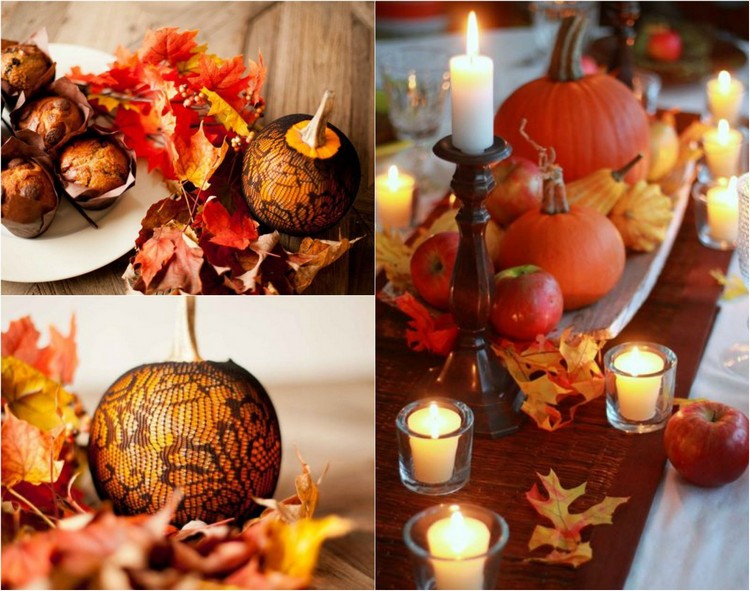 decoration-citrouille-automne-déco-table-feuilles-automne-citrouilles-filet-noir