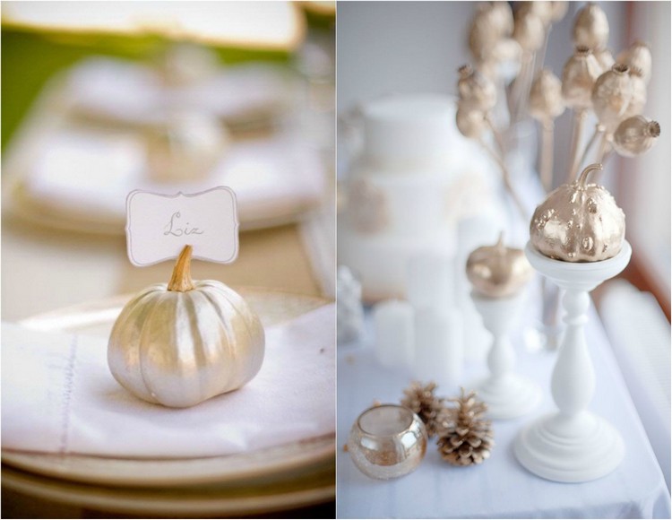 decoration-citrouille-automne-déco-table-nom-table-mini-citrouilles-couleur-or décoration citrouille