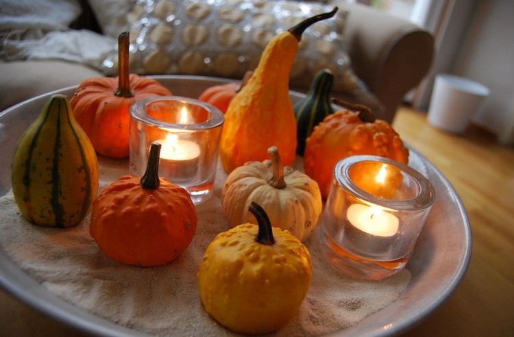 decoration-citrouille-automne-plateau-service-déco-mini-citrouilles-bougies