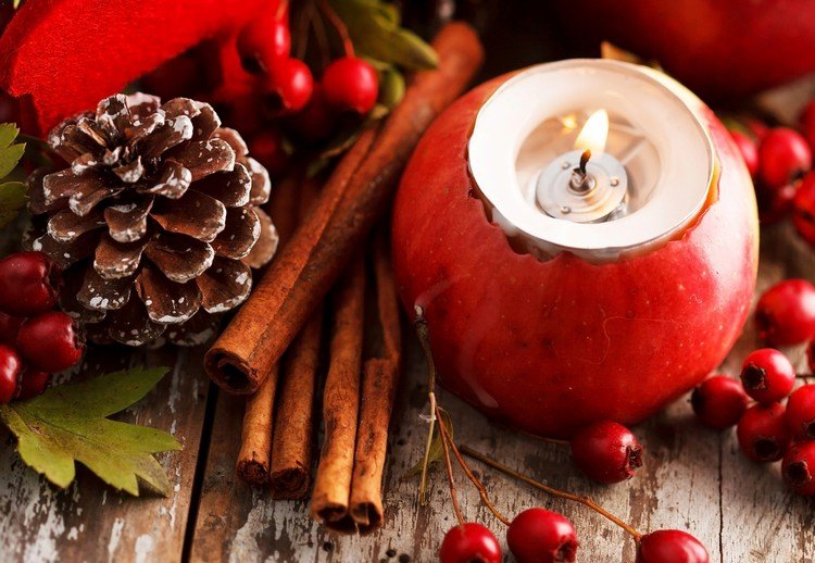 decoration-naturelle-automne-hiver-pomme-porte-bougie-bâtons-cannelle-baies-rouges