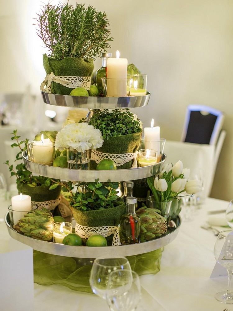 decoration-naturelle-présentoir-cupcakes-fleurs-blanches-bougies-herbes-aromatiques-pommes-vertes décoration naturelle 