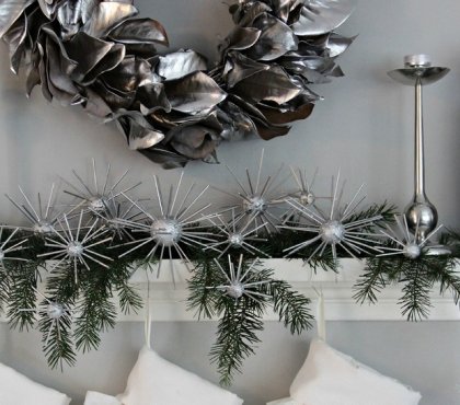 decorations-Noel-argent-manteau-cheminée-guirlande-naturelle-ornements-étoiles-argent-couronne