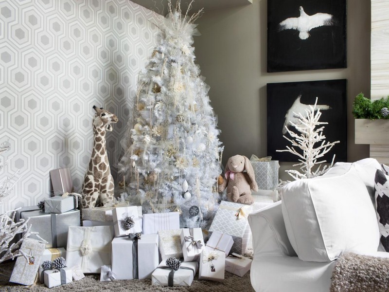 decorations-Noel-argent-sapin-noel-artificiel-blanc-boîtes-cadeaux-ornements-argent-or