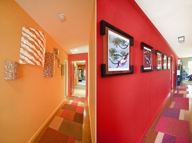 déco-entrée maison couloir peinture orange rouge tapis