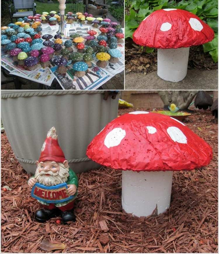 déco-jardin-béton-champignons-blanc-rouge-béton déco de jardin