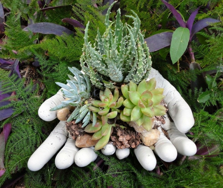 déco-jardin-béton-mains-gants-latex-béton-plantes-succulentes déco de jardin