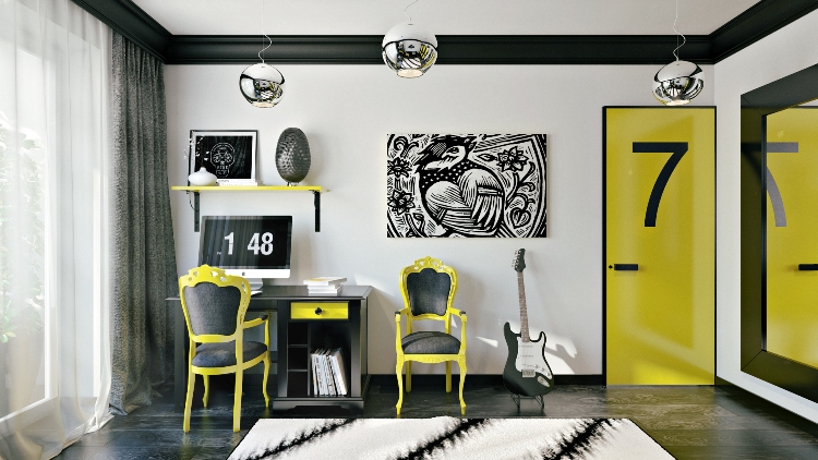 déco-murale-chambre-ado-cadre-mobilier-noir-jaune-peinture-blanc-neige