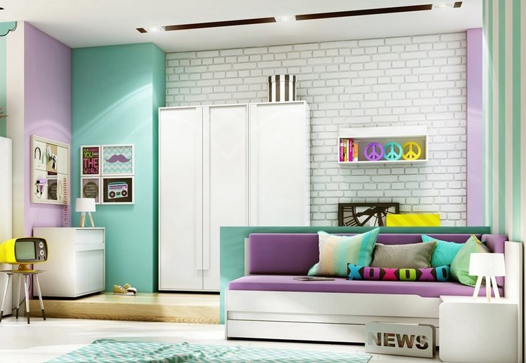 déco-murale-chambre enfant brique blanche peinture turquoise lilas