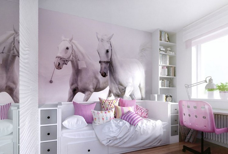 déco-murale chambre fille papier peint mural chevaux blancs