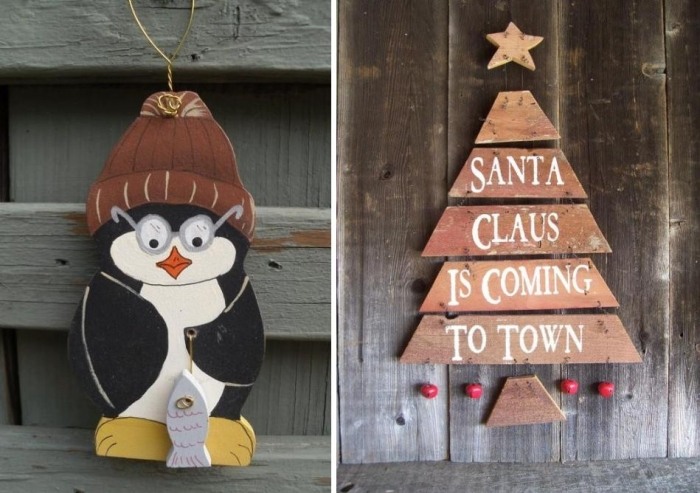 décoration-Noël-bois-figurines-penguin-sapin-Noël