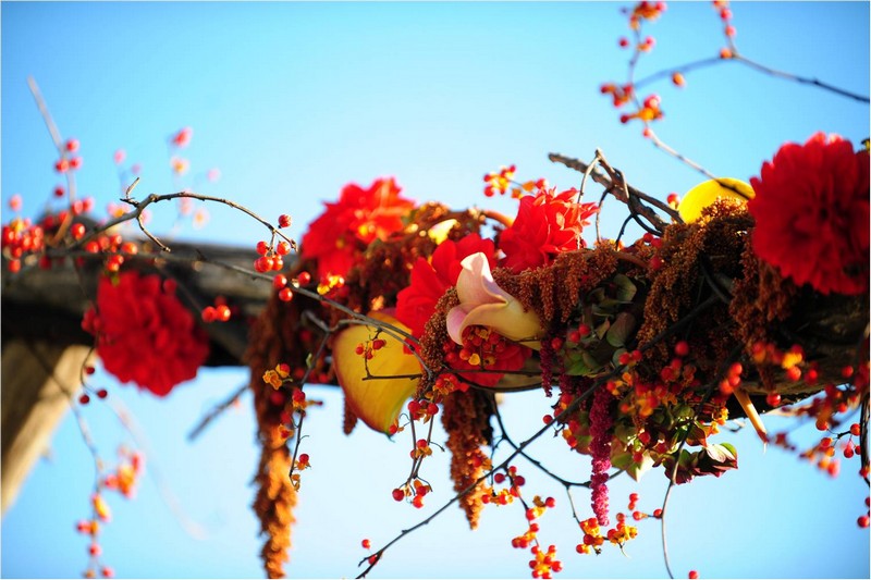 décoration-mariage-automne-plein-air-fleurs-baies-rouges