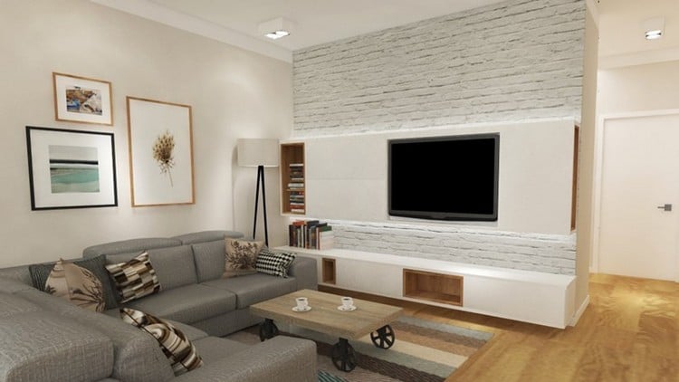 ecran-plat-mural-meuble-tv-élcairage-indirect-tapis-rayé-lampadaire-tripode