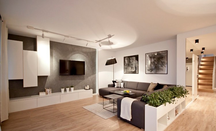 ecran-plat-mural-mur-aspect-béton-meubles-blancs-canapé-gris-anthracite-parquet écran plat mural
