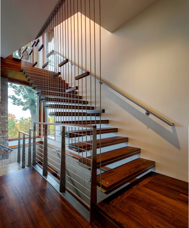 escalier-droit marches suspendues bois câblage main courante acier