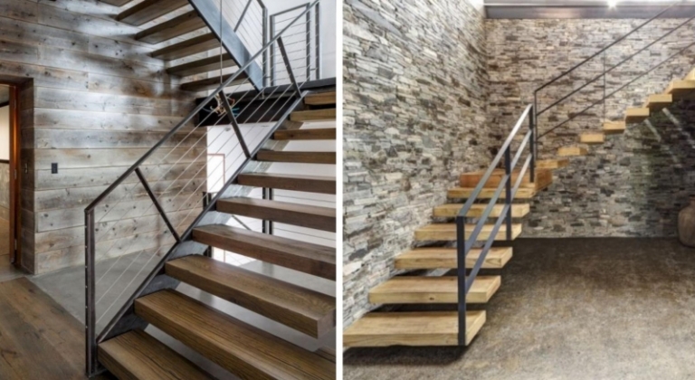 escalier-moderne bois mur bois pierre naturelle