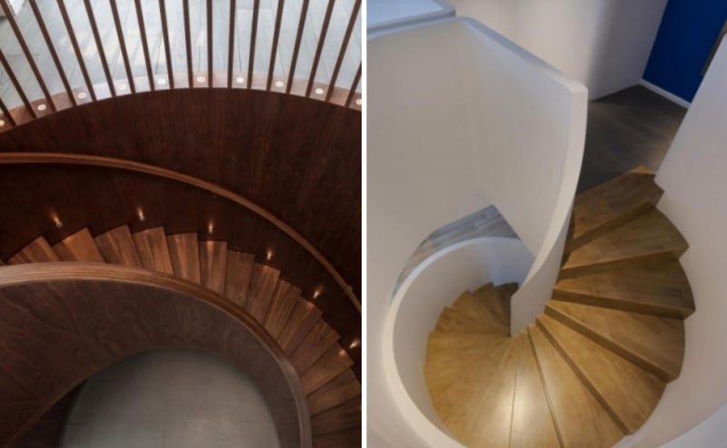escalier-moderne colimaçon marches bois foncé clair