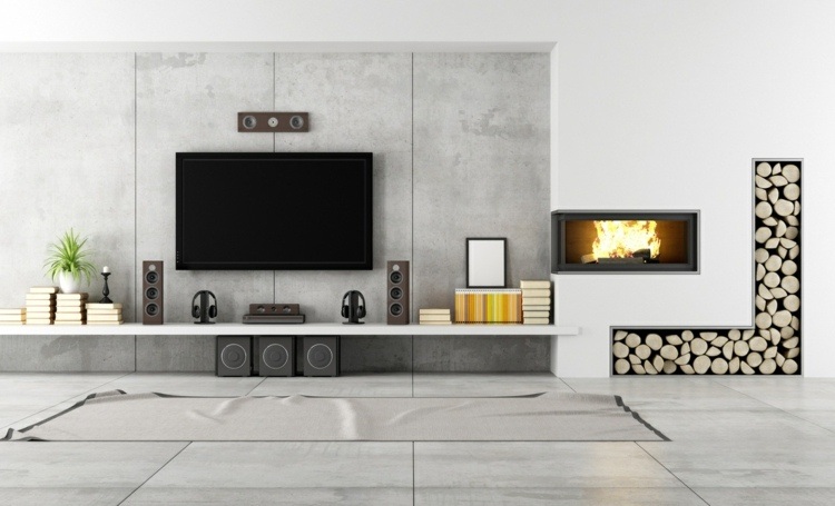 Fixation murale tv et cheminée sur le même mur en 39 idées