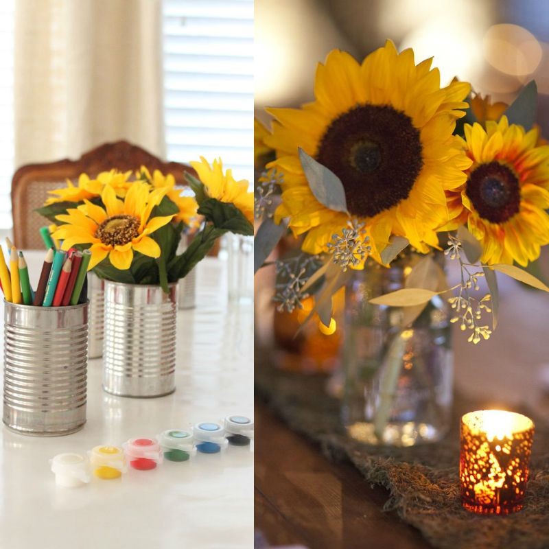 fleur-tournesol-bougies-vase-tournesols-chemin-table-boîte-conserves-tournesols-artificiels fleur de tournesol