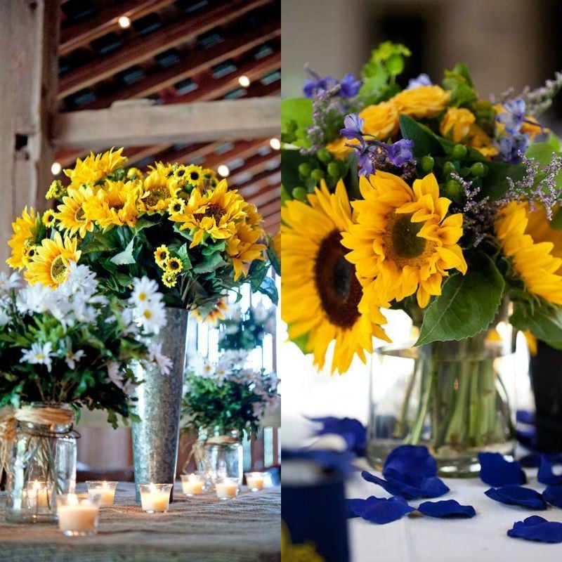 fleur-tournesol-bouquet-stournesols-marguerites-bougies-pétales-bleus fleur de tournesol