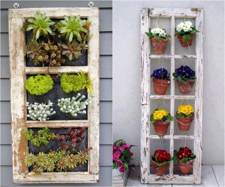 idées-déco-jardin-cadres-vieilles-fenêtres-jardin-vertical-rustique idées déco jardin