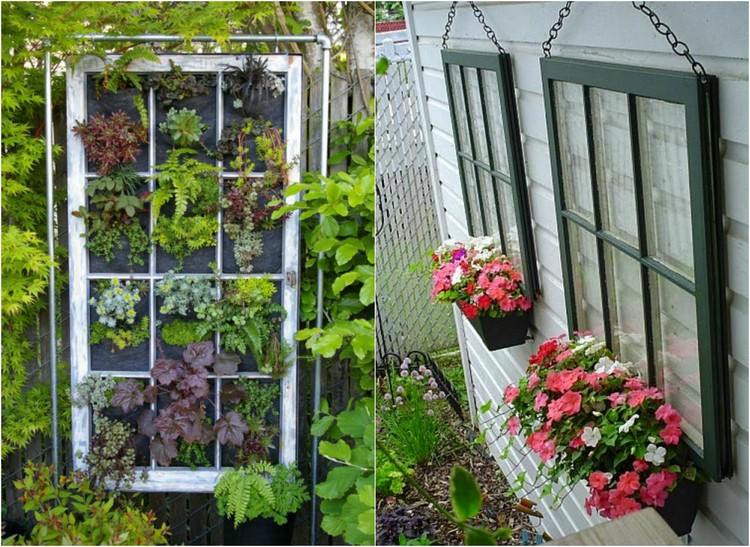 idées-déco-jardin-vieilles-fenêtres-jardin-vertical idées déco jardin