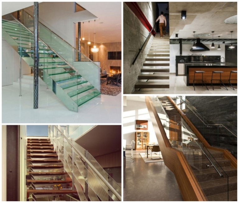 idées escalier droit moderne verre béton bois granit