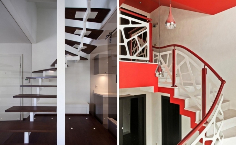 idées escalier-moderne design blanc wengé rouge