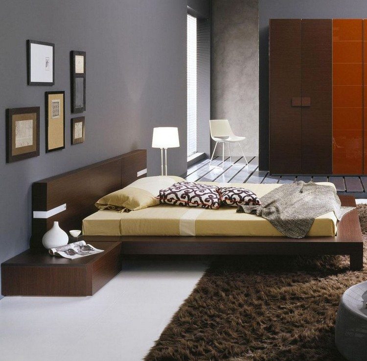 lit-armoire-table-chevet-couleur-wengé-tapis-shaggy-marron