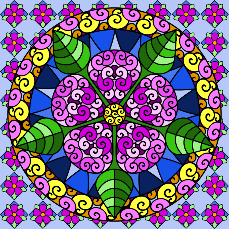 mandala-enfant-forme-fleur-motifs-feuilles-figures-roses-vertes-mauves