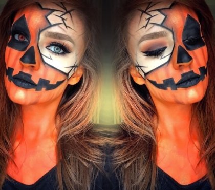 maquillage femme tête citrouille halloween noir blanc orange