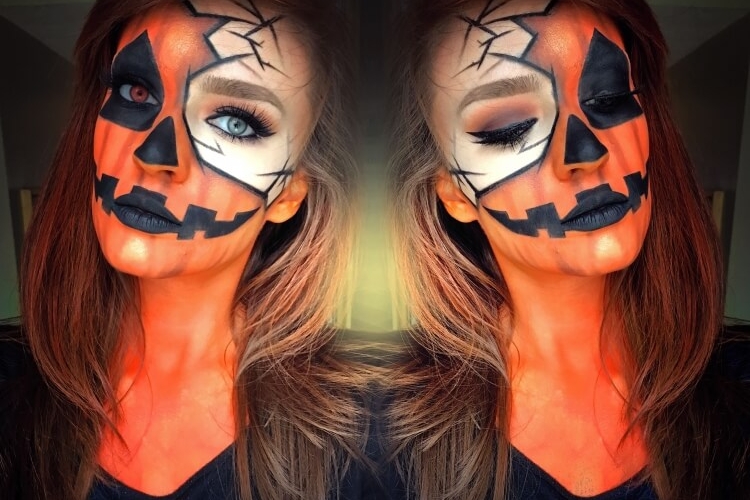 maquillage femme tête citrouille halloween noir blanc orange