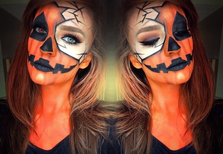 maquillage femme tête citrouille halloween noir blanc orange