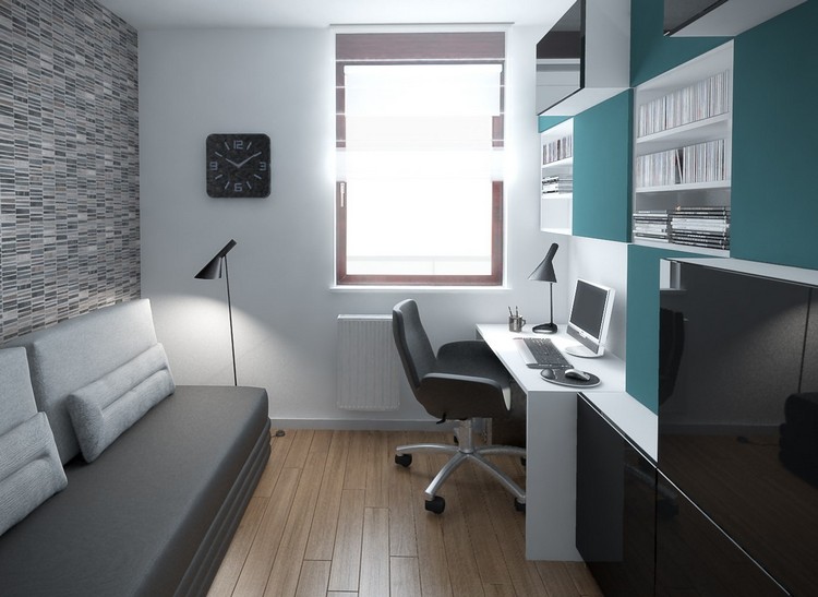 meuble bureau rangement blanc noir turquois canapé gris