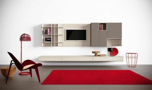 meuble-modulable-salon-beige-clair-armoires-étagères-tapis-rouge-accent