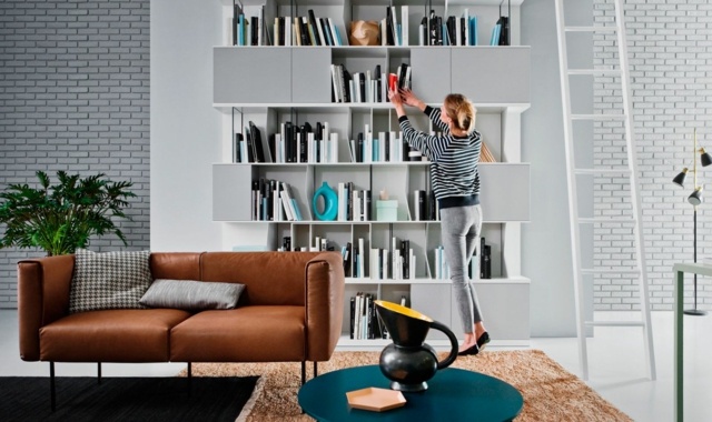 meuble-modulable-salon-blanc-gris-clair-armoires-bibliothèque-canapé-cuir-marron