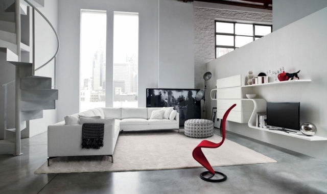 meuble-modulable-salon-blanc-étagère-armoires-canapé-tapis-blanc-chaise-rouge-ottoman