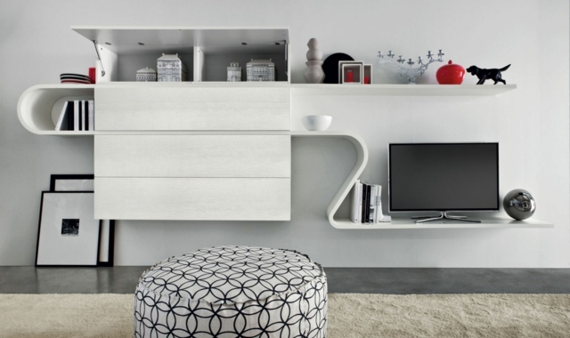 meuble-modulable-salon-gris-clair-bois-armoires-étagère-ottoman-rond